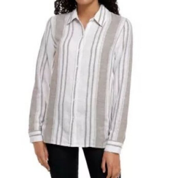 Calvin Klein Stripe Linen Blouse Shirt White Tan - Picture 2 of 8